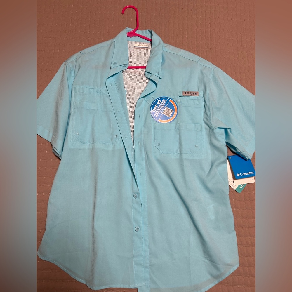 Columbia Blue Casual Button Down Shirt Lightweight Cotton